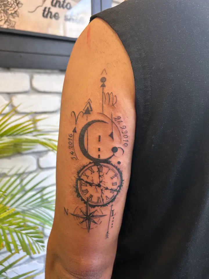 Compass, moon and clock tattoo by Lady Jane