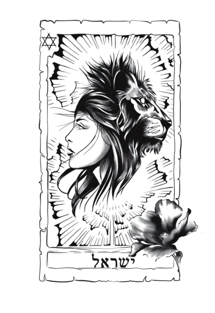 Lion and woman tarot-card illustration in fine pen work