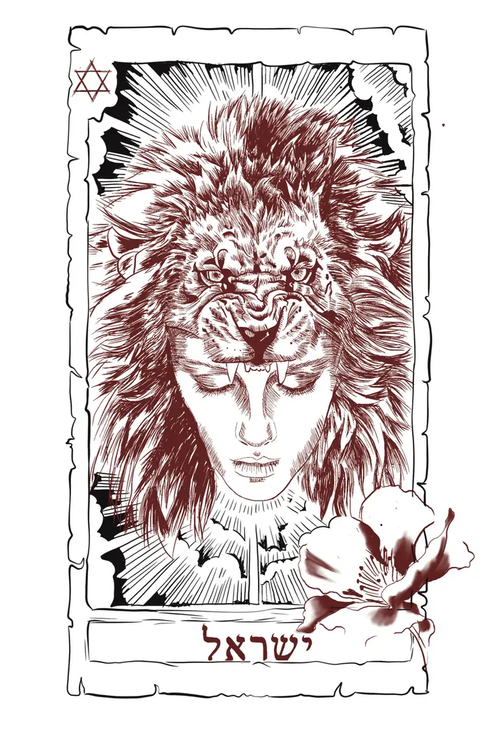 Lion-crowned figure tarot illustration in bloodstone red