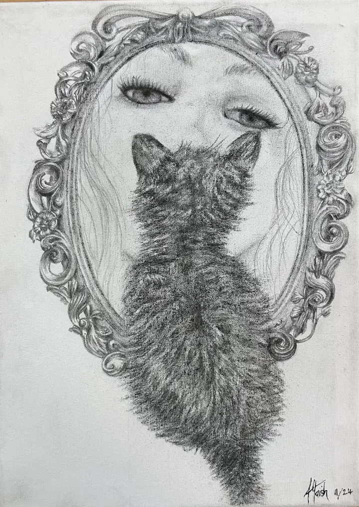 Pencil drawing of a cat within an ornate mirror frame