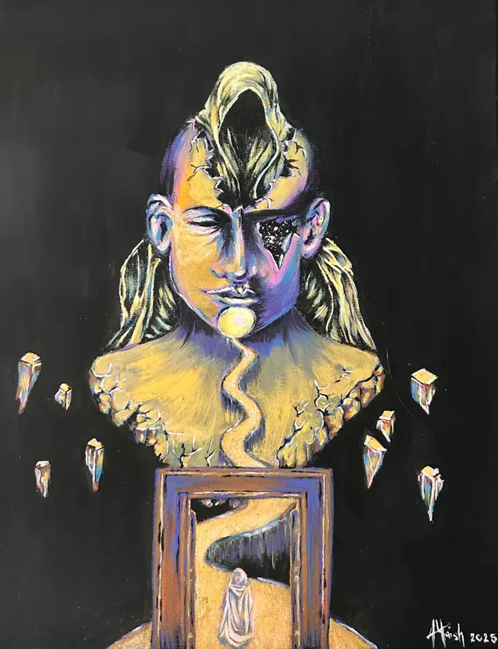 Symbolic painting of a split-toned figure above a doorway