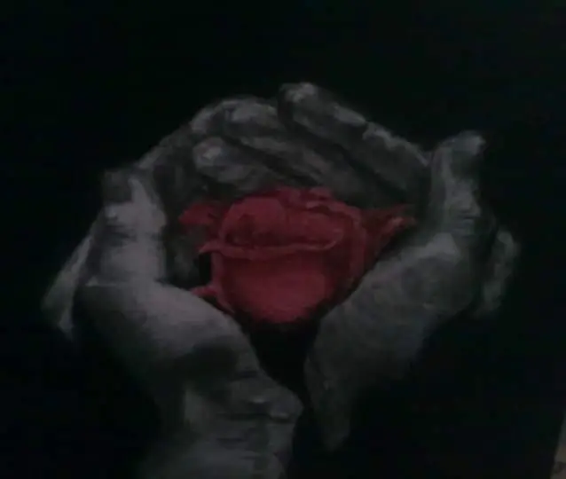 Chiaroscuro painting of hands cradling a red rose