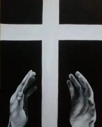 Painting of hands reaching toward a white cross