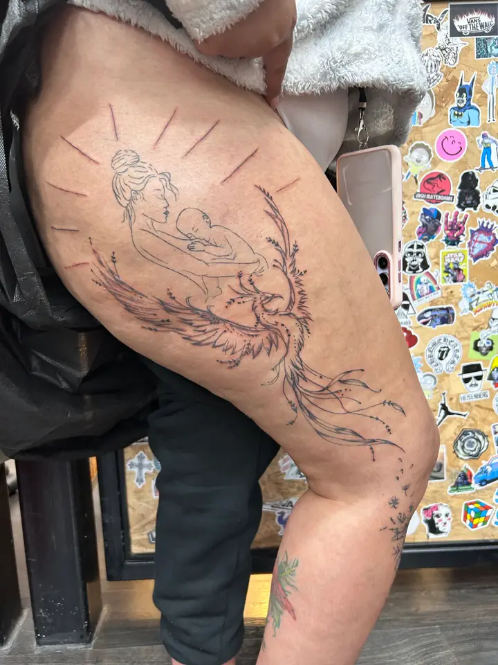 Large symbolic thigh piece in fine line by Lady Jane